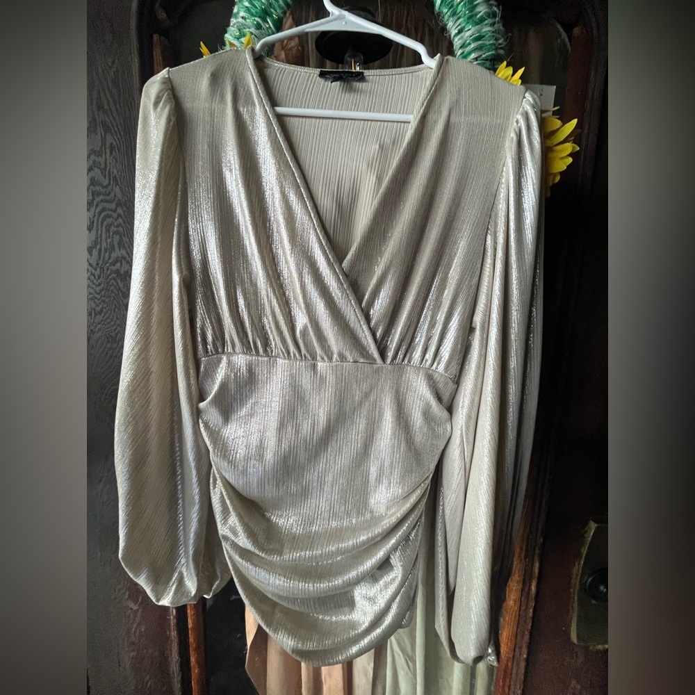 Express Shimmering Silver Dress or Top w Rutched Sides and Dramatic Sleeves EUC